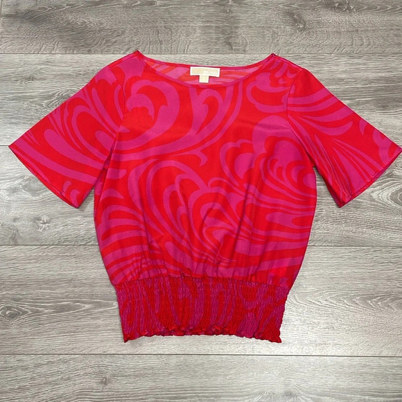MICHAEL Michael Kors Pink and Red Short Sleeve Smocked Waist Blouse S - Picture 3 of 11